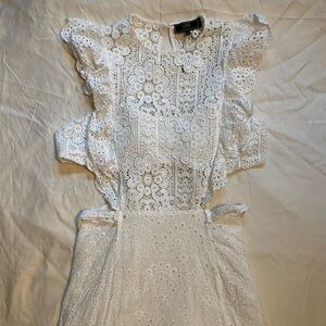 Lucky & Blessed White Eyelet Lace Maxi Dress With Ruffle Sleeves and Cutout Sz L